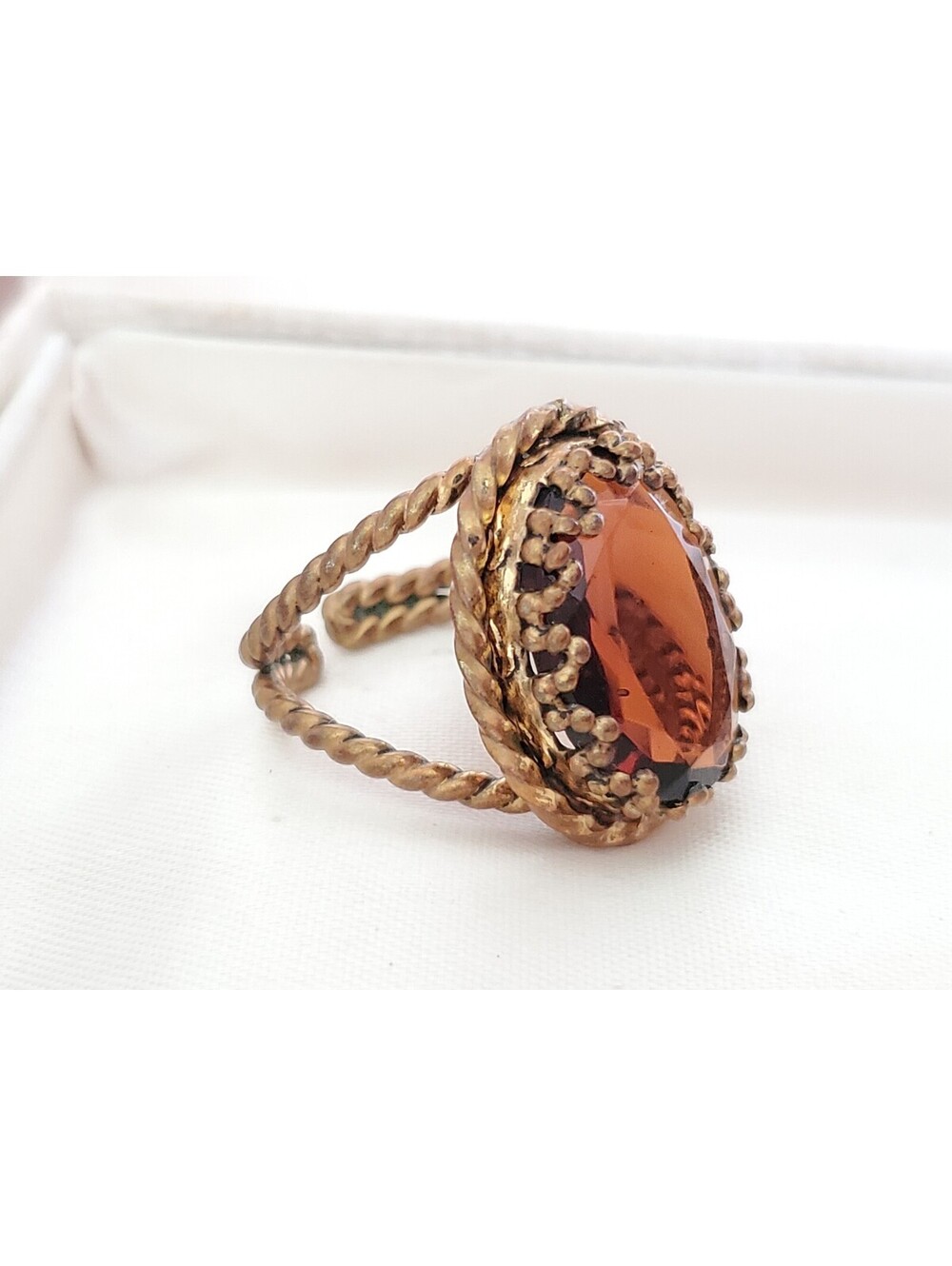 Vintage Signed Western Germany Amber-tone Faceted Glass Adjustable Ring